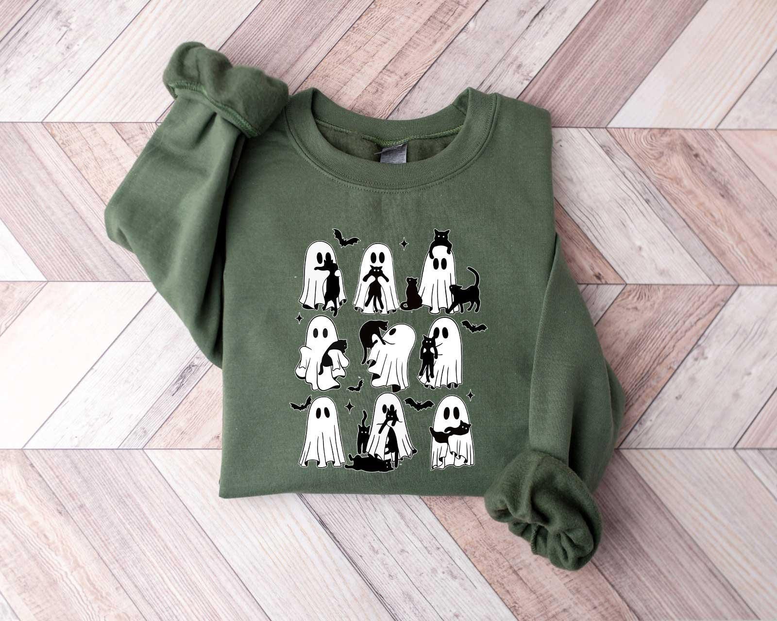 Ghost Holding Black Cat Sweatshirt, Ghost Cat Halloween Hoodie, Halloween Gift for Cat Owners, Halloween Cat Tee, Black Cat Outfit, Fall Tee