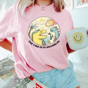 Peut inclure: T-shirt rose avec un motif de deux dinosaures et une com&egrave;te. Le texte sur le t-shirt est "The vibe is in shambles."