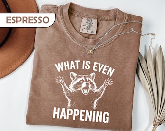 Comfort Colors® Raccoon Shirt Retro Trash Panda Tee, What Is Even Happening Graphic T-Shirt, Sarcastic Humor Gift, Funny Meme Tee