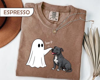 Comfort Colors® Halloween Dog Shirt Boo-P Ghost Tee, Spooky Season Dog Mom T-Shirt, Pitbull Lover Gift, Funny Ghost Booping Dog Shirt
