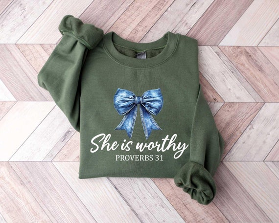 She is Worthy Bow Sweatshirt, Women's Christian Shirts, Cute Christian Coquette Designs, Girly Faith Shirt, Trendy Christian Shirt