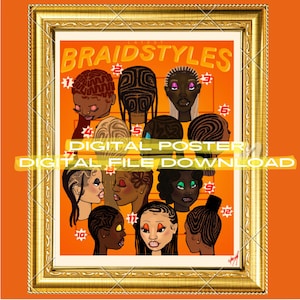 May include: A digital poster with the title "LATEST BRAIDSTYLES" in orange text. The poster features 12 different illustrations of women with various braided hairstyles. Each hairstyle is numbered 1 through 12. The background is orange.
