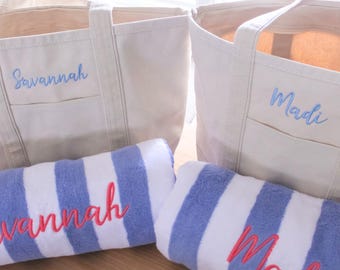 Paquete de regalo: bolso de lona y toalla de playa / Paquete de bolso y toalla personalizados / Despedida de soltera / Bolso de verano