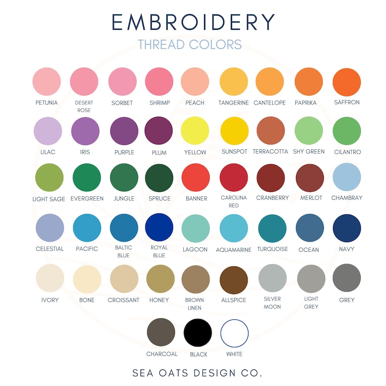 May include: A color chart for embroidery thread, featuring a variety of hues. The chart includes names like "Petunia," "Lilac," and "Navy." The text "EMBROIDERY THREAD COLORS" is at the top, with "SEA OATS DESIGN CO." at the bottom.