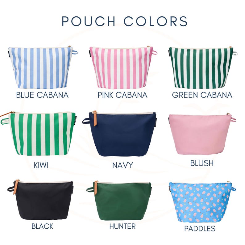 May include: A collection of nine zippered pouches labeled POUCH COLORS. Designs include blue, pink, and green vertical stripes, solid navy, blush, black, and hunter green, and a blue pouch with a pink paddle pattern. Each has a side tab.