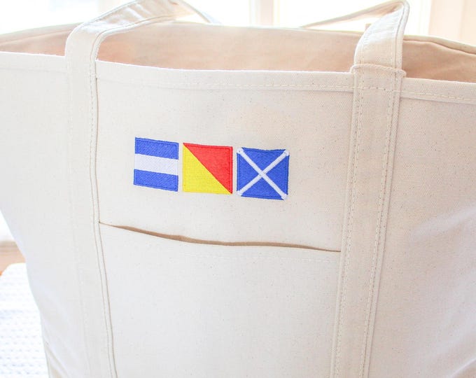 Monogrammed Nautical Flag Tote Bag, Personalized Canvas Beach Bag, Nautical Flag Letters, Coastal Summer Tote, Monogrammed Tote