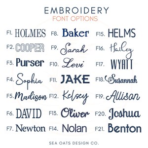 Pu&ograve; includere: Una tabella intitolata EMBROIDERY FONT OPTIONS che mostra ventuno stili tipografici blu scuro etichettati da F1 a F21, ciascuno con un nome di esempio. La parte inferiore della tabella include il testo SEA OATS DESIGN CO. in caratteri piccoli.