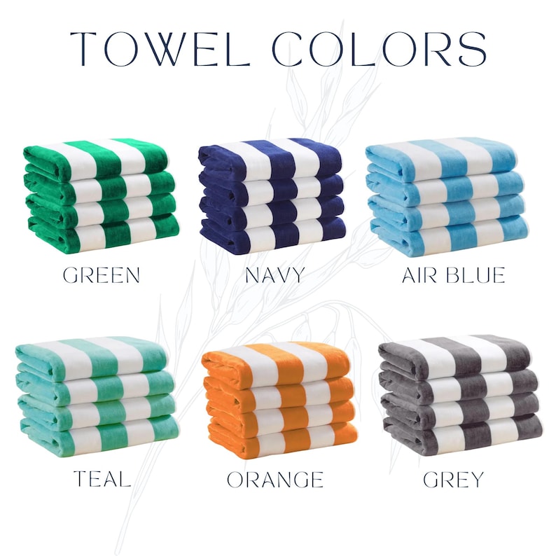 May include: Image of six stacks of striped beach towels in various colors: green, navy, air blue, teal, orange, and grey. The text "TOWEL COLORS" is at the top of the image.