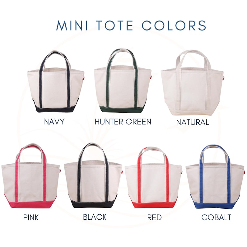 May include: A collection of mini tote bags in various colors, including navy, hunter green, natural, pink, black, red, and cobalt. Each bag features a white body with colored accents on the handles and base. The text "MINI TOTE COLORS" is at the top.