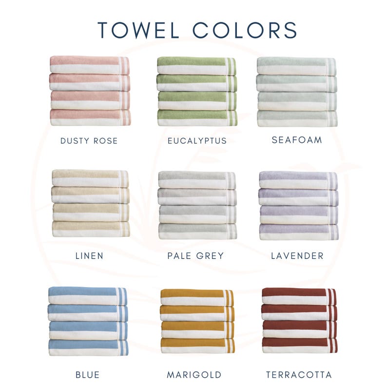 Pu&ograve; includere: Una griglia di nove pile di asciugamani piegati, ognuna caratterizzata da un blocco di colore solido e una sezione bianca con due sottili strisce. Il testo TOWEL COLORS appare in alto, con etichette per Dusty Rose, Eucalyptus, Seafoam, Linen, Pale Grey, Lavender, Blue, Marigold e Terracotta sotto ogni pila.