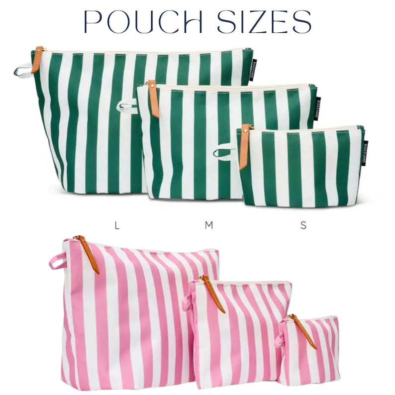 May include: A collection of six zippered pouches arranged in two rows, labeled POUCH SIZES. The top row features three green and white striped pouches in large, medium, and small sizes. The bottom row shows three pink and white striped pouches.