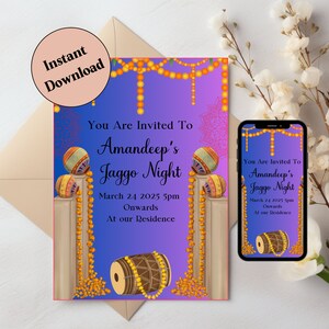 Plantilla de invitación de boda india de Jaggo Nights, invitaciones de boda punjabi, tarjeta de boda punjabi, sikh guardar la fecha, invitación de descarga digital