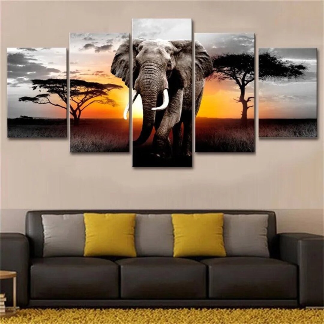 Elephant Sunset Wall Decor - Africa Elephant Framed Canvas Art ...