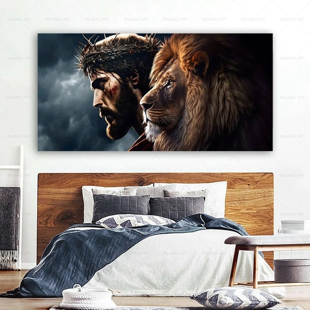 Jesus and Lion Wall Art Jesus Wall Decor Christian Canvas Print