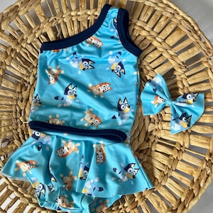 Blue Dog Character  Sisters print Diaper Cover with matching Top and Hair bow, cartoon theme outfit for baby and toddler girls