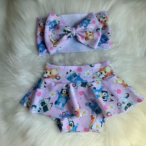 Baby Toddler  Girl Blue Dog Character Skirted Diaper Cover Bloomers Bummies Pink