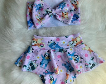 Baby Toddler  Girl Blue Dog Character Skirted Diaper Cover Bloomers Bummies Pink