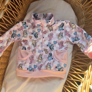 Girls, Toddler,  Baby,  Gender Neutral  Pink Check Blue Dog Character Sweatshirt, Half Zip Hoodie, Fleece Jacket