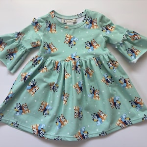 Blue Dog Character Dress, Toddler Long Sleeve Dress,  Girls Dress with Ruffles, Cotton Knit Fabric Dress  for Girls, Toddler Girl Xmas Gift
