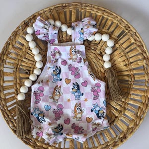 May include: Pink and white baby onesie with a checkered pattern and cartoon characters. The onesie has ruffle sleeves and a heart-shaped design.