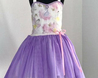 Watercolor Princess Printed Tutu Dress, Toddler Lavender Tulle Dress, Cat Theme Kids Fancy Dress