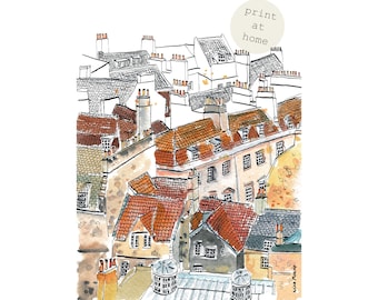 Bath architecture illustration | digital print | digital download | print at home | Bath rooftops | wall art