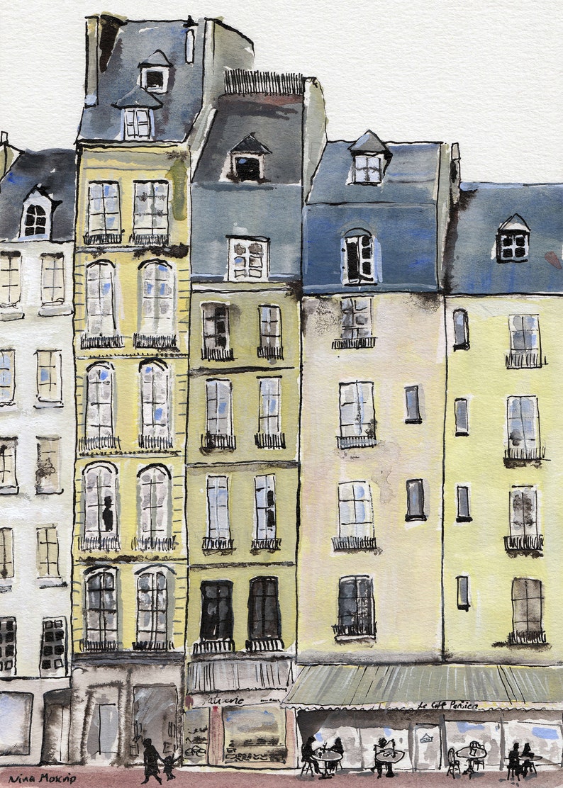 May include: Watercolor painting of Parisian buildings with yellow, blue, and gray facades. The buildings have multiple windows, balconies, and dormers. The bottom of the buildings have shops and cafes. The artist's signature is in the bottom left corner.