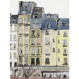 May include: Watercolor painting of Parisian buildings in shades of yellow, white, and blue. The buildings have multiple windows and dormers. A cafe with patrons is visible at the bottom. The artist's signature is in the lower left corner.