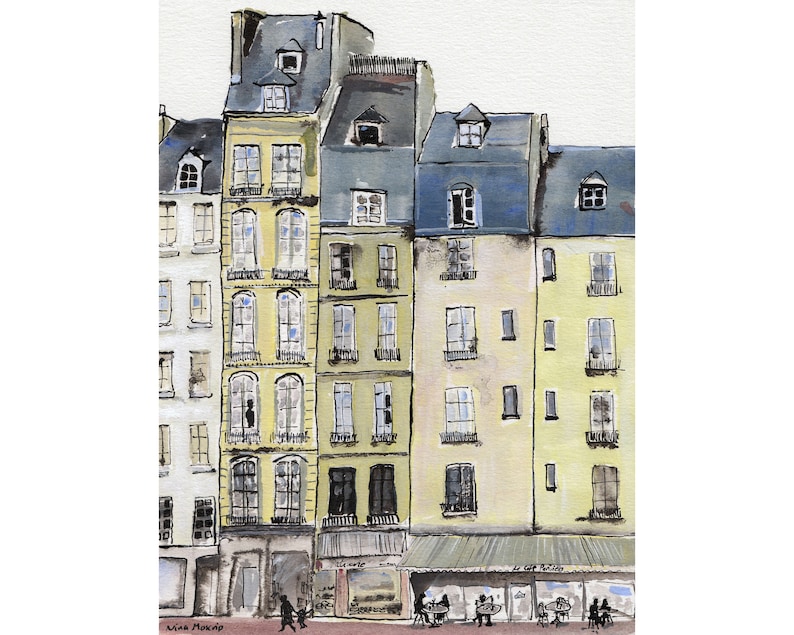 May include: Watercolor painting of Parisian buildings in shades of yellow, white, and blue. The buildings have multiple windows and dormers. A cafe with patrons is visible at the bottom. The artist's signature is in the lower left corner.