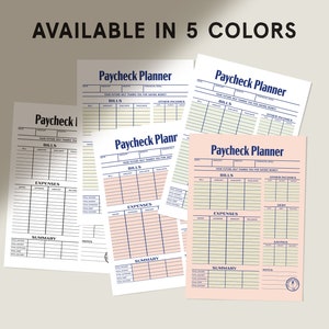 Colorful Paycheck Planners in Five Choices - Customizable Budget Sheets for Personal Finance, Aesthetic Money Management Templates