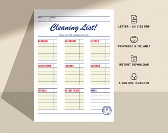 May include: A printable cleaning checklist with sections for bedroom, bathroom, kitchen, living room, laundry, outdoor, general, weekly to do, and notes. The checklist is available in five colors and includes a download option.