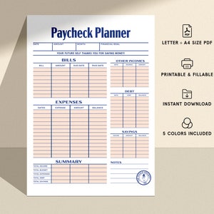 May include: A printable paycheck planner with sections for bills, expenses, other incomes, debt, savings, and a summary. The planner is in a blue and white color scheme with a light pink background.
