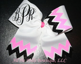 Sur mesure cheveux Chevron Glitter monogramme Cheer bow - Choisissez vos couleurs - verrouillage élégant s’entremêlent police