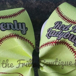 Personalized Mega Softball hair bow Baseball Glitter Custom hairbow Neon yellow glitter image 5