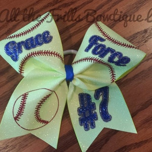 Personalized Mega Softball hair bow Baseball Glitter Custom hairbow Neon yellow glitter image 1