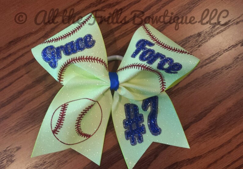 Personalized Mega Softball hair bow Baseball Glitter Custom hairbow Neon yellow glitter image 1