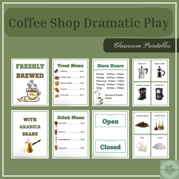 Coffee Shop Dramatic Play - Pretend Play Classroom Printables: 20 pages