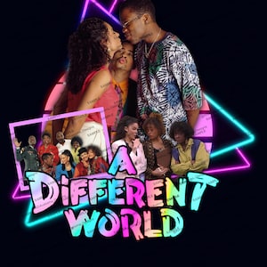 Puede incluir: Un diseño gráfico con el texto A Different World en una fuente colorida estilo grafiti. La imagen incluye un collage de varias personas con diferentes atuendos, sobre un fondo de un triángulo y un círculo de color neón rosa y azul.
