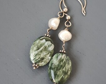 Seraphinite Sterling Silver Earrings - Sterling Silver Gemstone Dangle Earrings - Pearl and Gemstone Hoop Earrings - Green Earrings