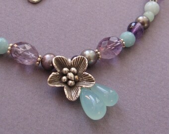 Amethyst and Amazonite Necklace with Silver Flower Pendant