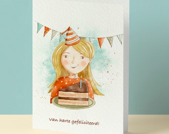 Aquarel verjaardagskaart, meisje met taart, A6 gevouwen, van harte gefeliciteerd