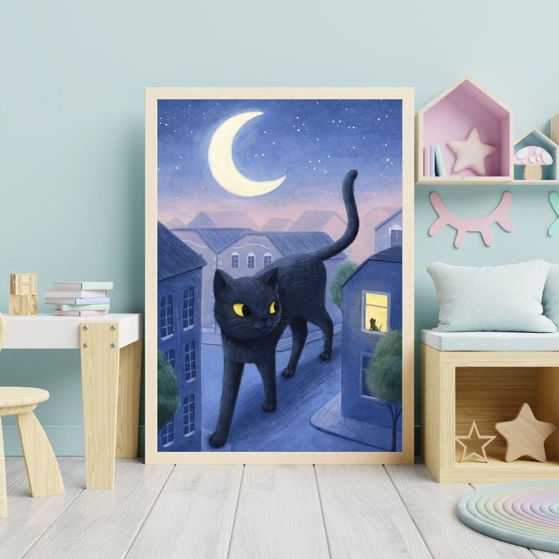 Kinderzimmer Wandbild, Katzen Illustration, Katzen Fine Art Print, Gute Nacht Illustration, Kinderzimmer Kunst Bild 7