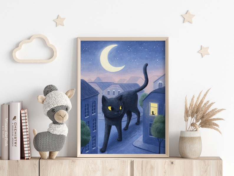 Kinderzimmer Wandbild, Katzen Illustration, Katzen Fine Art Print, Gute Nacht Illustration, Kinderzimmer Kunst Bild 4