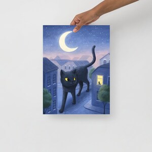 Nursery Wall Art, Kids Room Art Print, Night Cat Illustration, Fine Art Print, Good Night Art Illustration