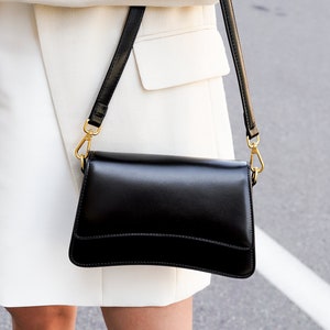 Genuine Leather Baguette Bag, Black Crossbody, Personalized Gift