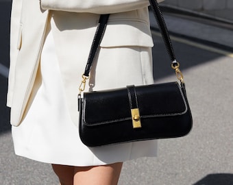 Black Leather Baguette Bag, Shoulder Crossbody Purse, Personalized Bag