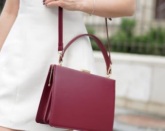 Red Leather Handbag, Elegant Top Handle Crossbody Bag