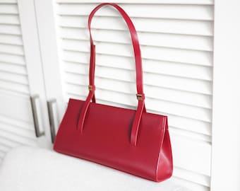 Red Leather purse, Red Shoulder bag, Vintage bag, Genuine Leather Handbag, Retro Bag, Red baguette bag, Original Fashion Personalized bag