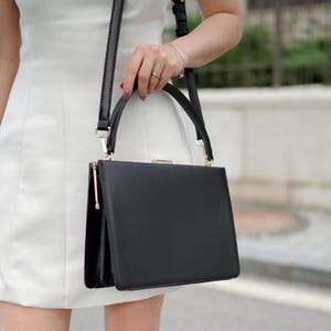 Black Leather Handbag, Elegant Top Handle Crossbody Bag