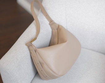 Beige Soft Leather Crossbody Bag, Hobo Bag, Sling bag boho, Leather Purse, Leather Handbag Everyday bag, Gift for woman, Personalized bag